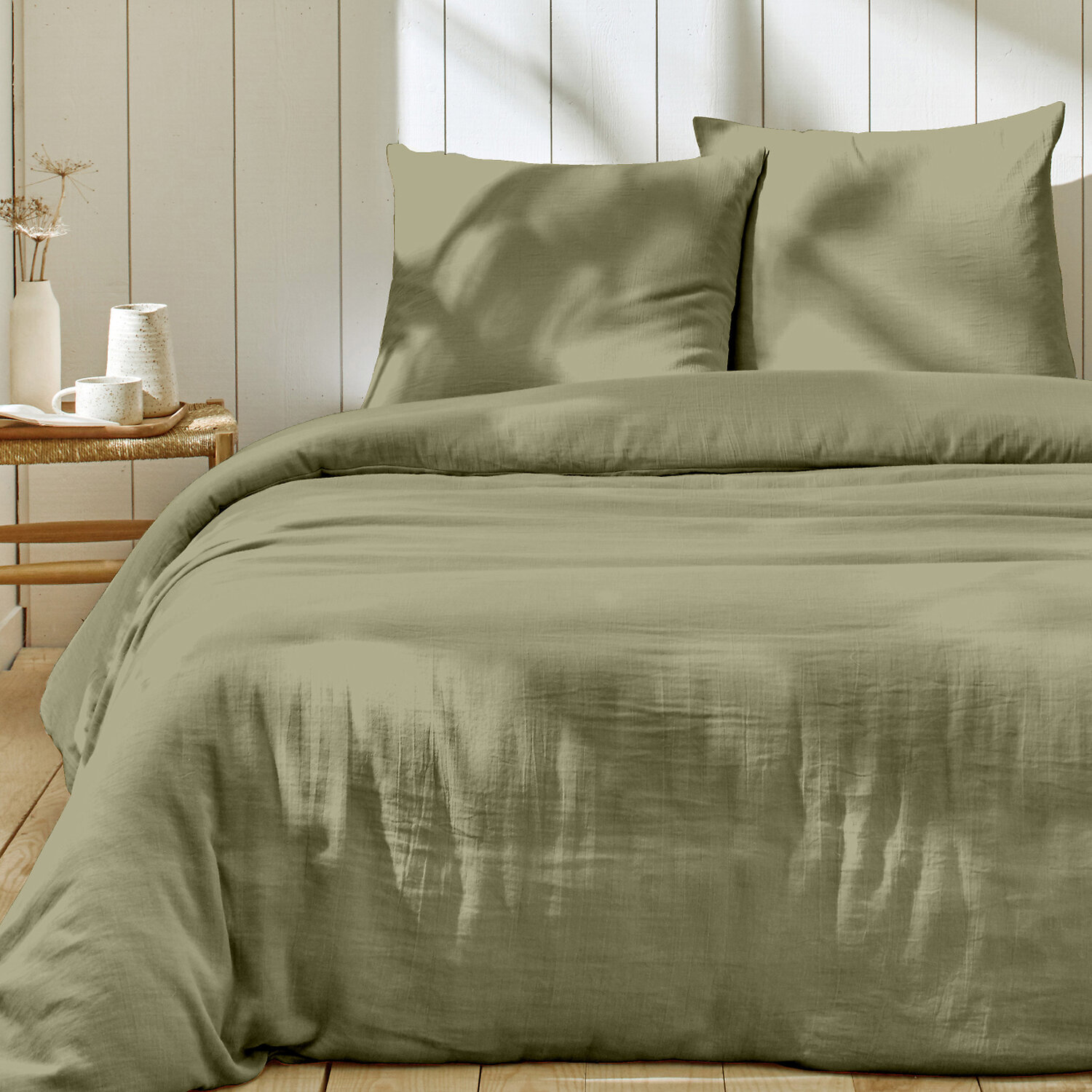 Parure Housse De Couette Uni 100% Gaze de Coton - Ozen - Vert De Gris