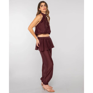 Pantalón recto efecto bombacho de mujer con sobrefalda y cintura elástica