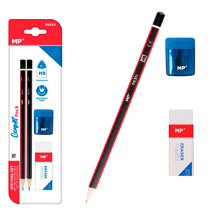 SET DI SCRITTURA: 2 matite HB triangolari, 1 temperamatite con serbatoio e una gomma.
