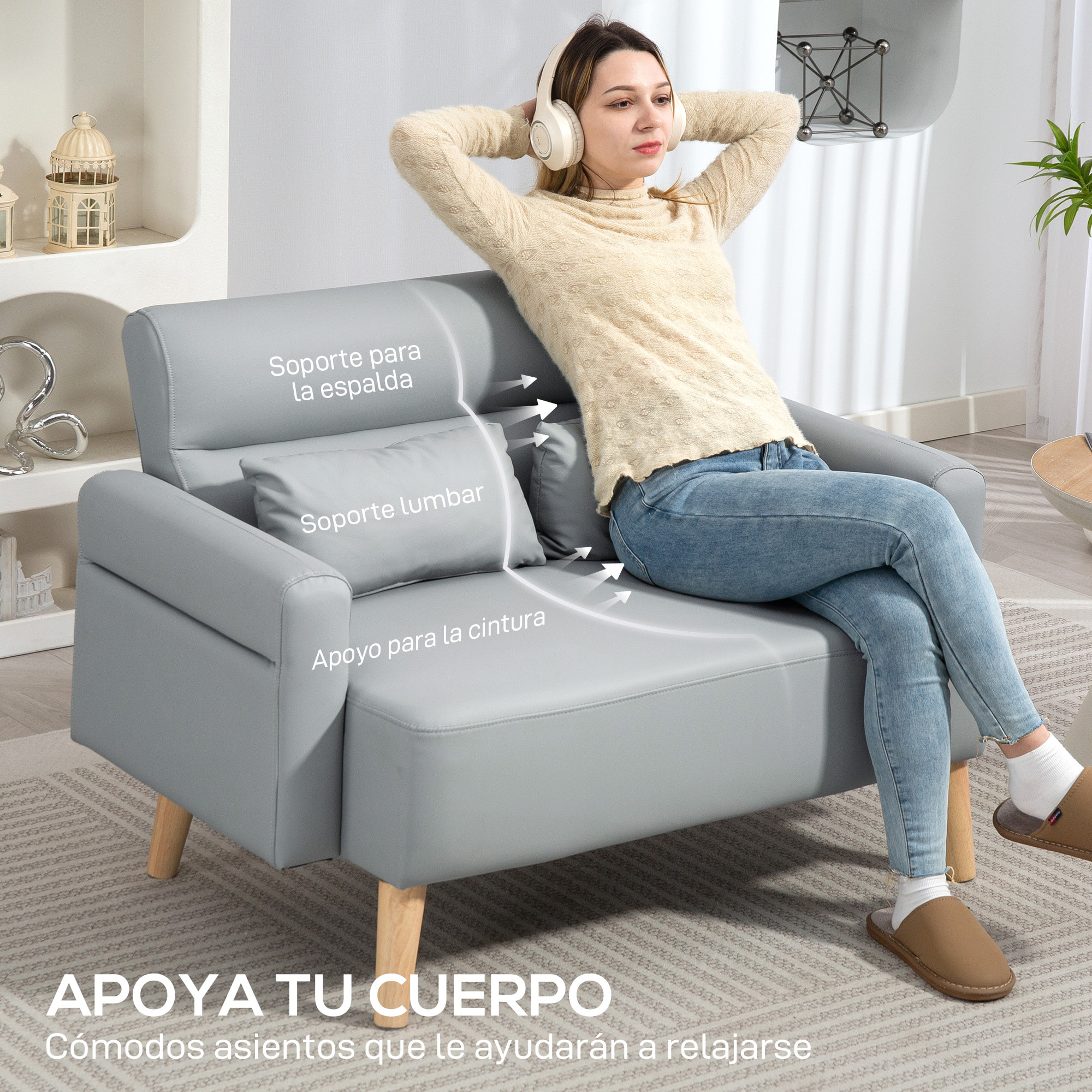 Sofá de 2 Plazas Tapizado en Cuero Sintético Sofá de Salón de 117 cm con Reposabrazos Acolchado Grueso Respaldo Acanalado y Patas de Madera para Dormitorio Sala de Estar Gris