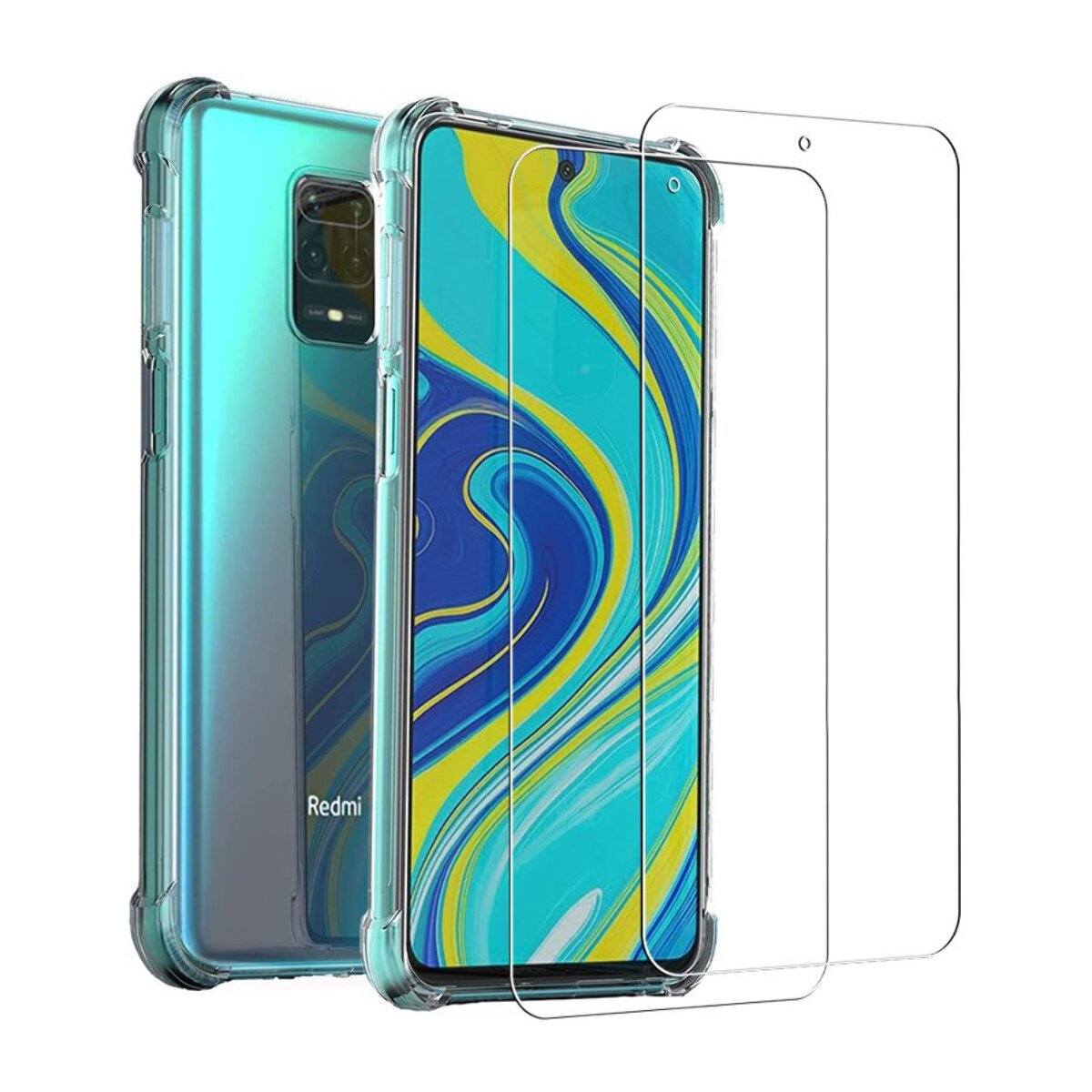 Coque Xiaomi Redmi Note 9S/Note 9 Pro/Note 9 Pro Max Antichoc Silicone + 2 Vitres en verre trempé Protection écran