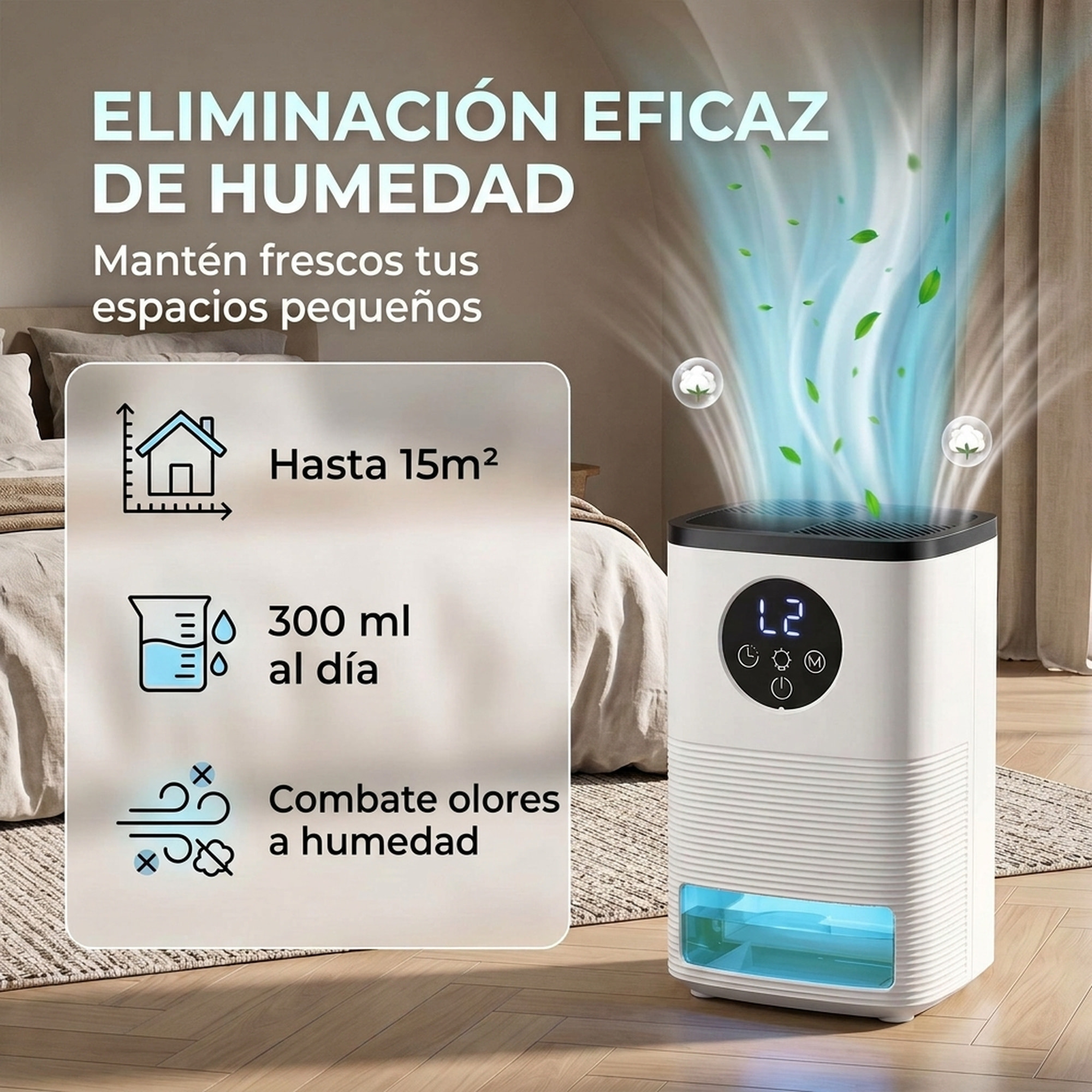 HOMCOM Deshumidificador 0,3L/Día, Deshumidificador de Humedad Pequeño Silencioso, para 15 ㎡, Luz RGB, Depósito 1,4 Litros, Temporizador de 24H, Pantalla LED, Secado Ropa, para Dormitorio, Baño, Blanco
