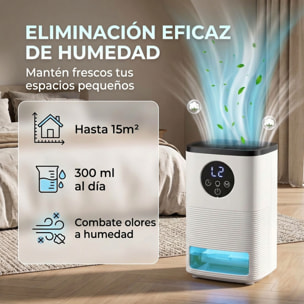 HOMCOM Deshumidificador 0,3L/Día, Deshumidificador de Humedad Pequeño Silencioso, para 15 ㎡, Luz RGB, Depósito 1,4 Litros, Temporizador de 24H, Pantalla LED, Secado Ropa, para Dormitorio, Baño, Blanco