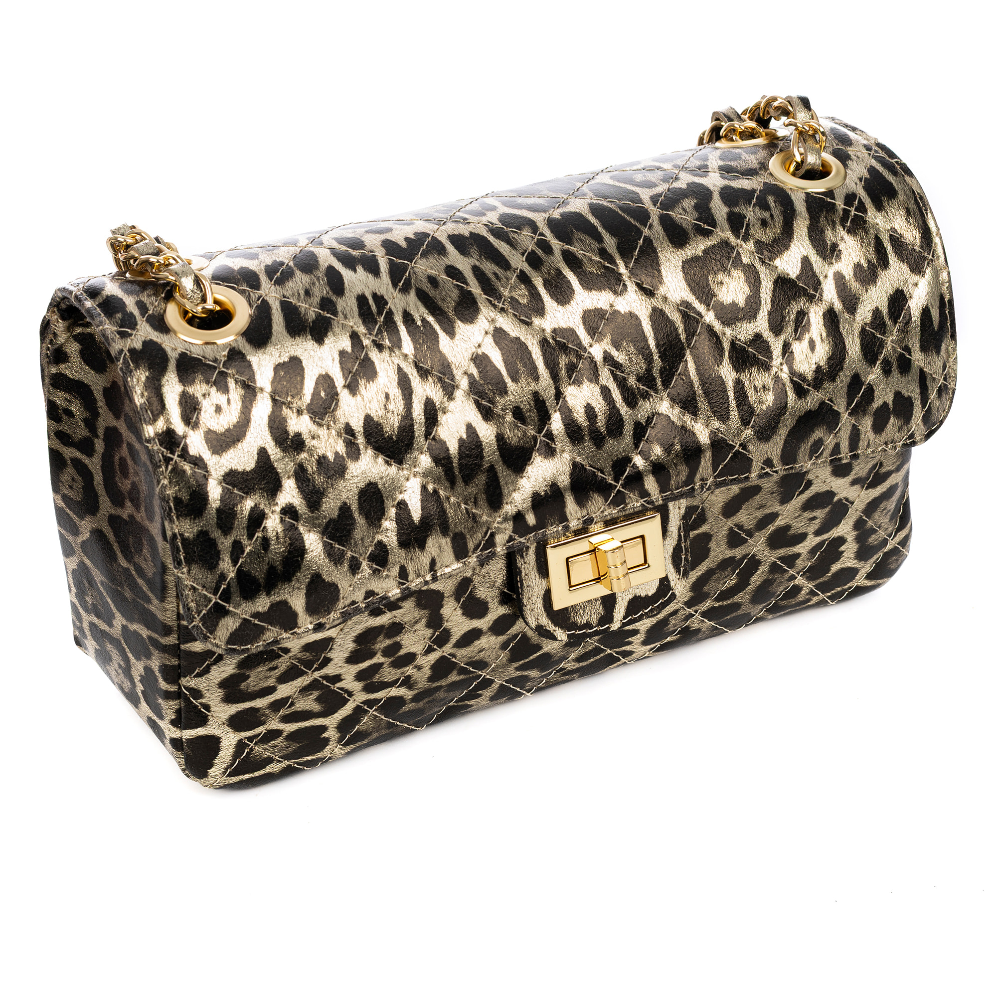Caeli bolso de hombro Mujer. Piel auténtica Gamuza acolchada, animal print leopardo, lacado brillante.