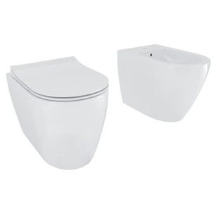 Coppia Sanitari Filomuro Filo Muro Filo Parete Vaso WC E Bidet Design Moderno In Ceramica Copriwater Chiusura Soft Close Rallentata Bianco Lucido