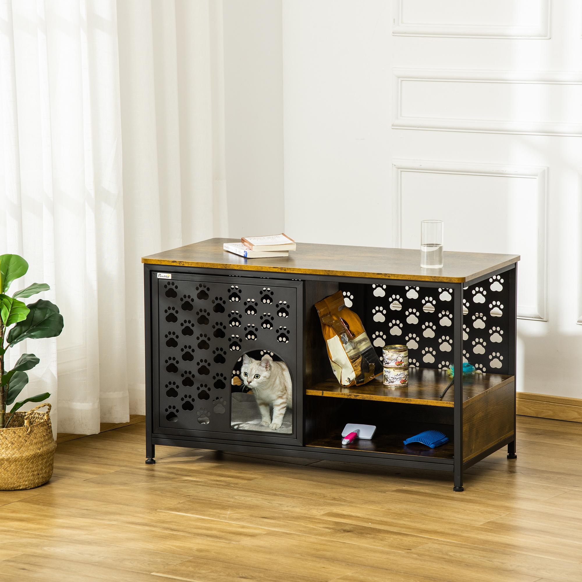 Casa para Gatos de Madera con Mesita Estantes Cojín Lavable y Puerta Corredera