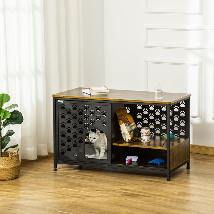 Casa para Gatos de Madera con Mesita Estantes Cojín Lavable y Puerta Corredera