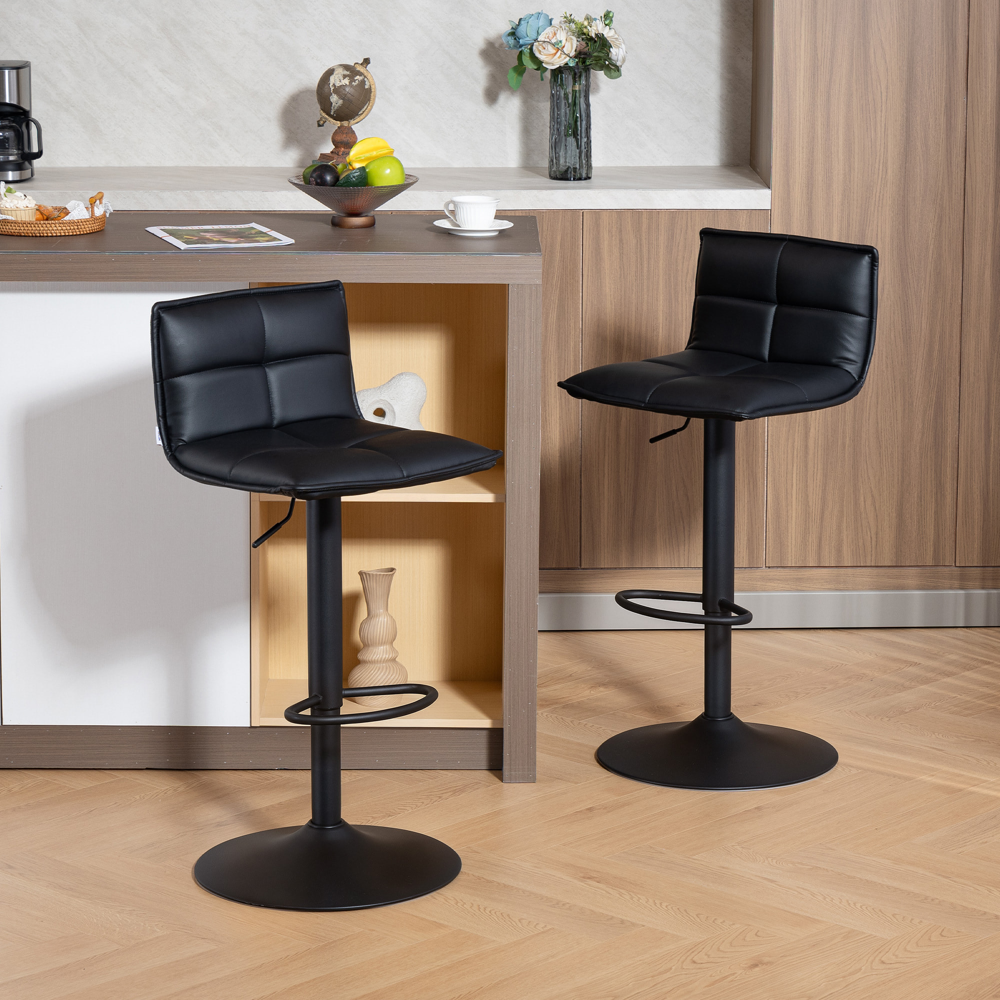 Lot de 2 tabourets de bar réglable en hauteur assise pivotant PU noir
