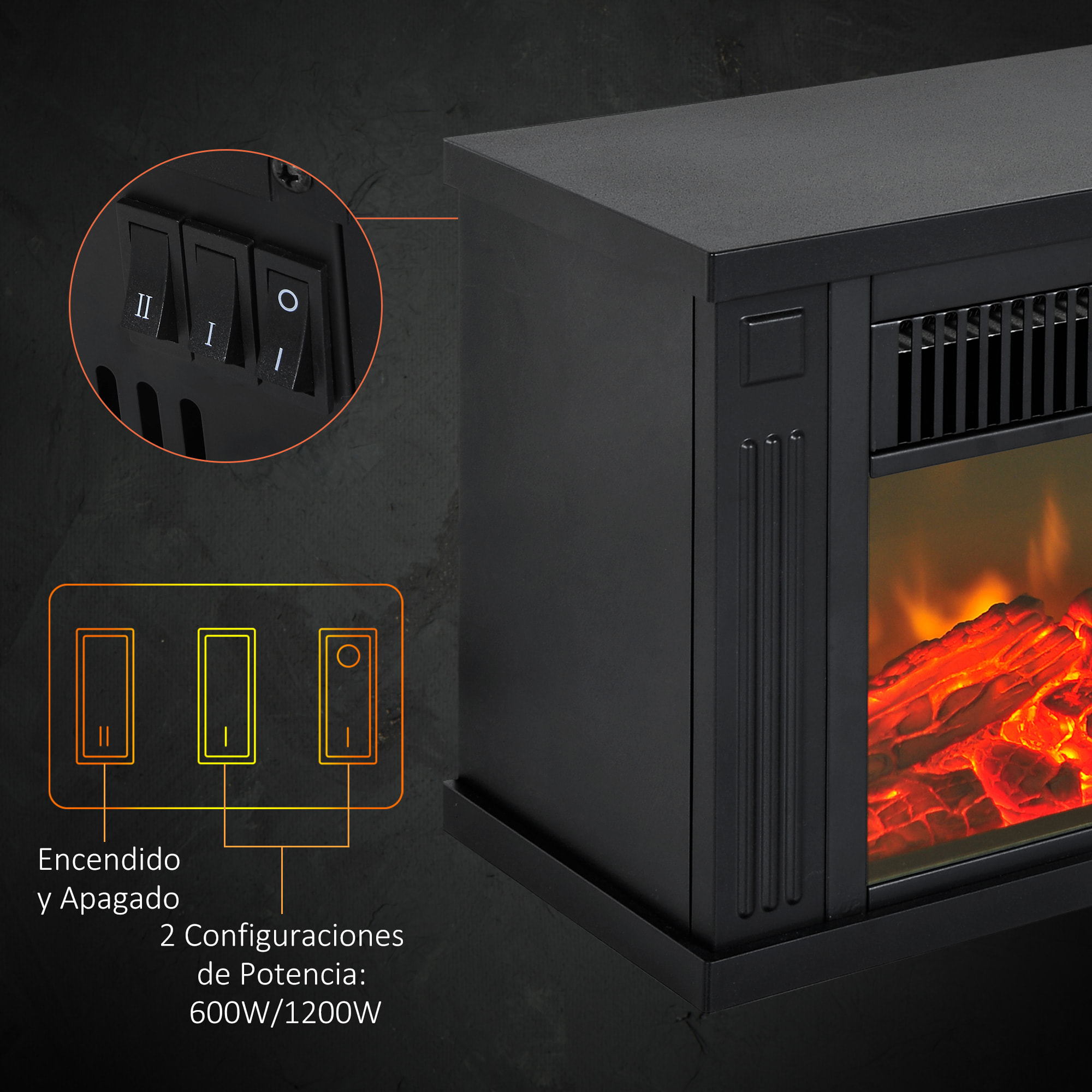 Chimenea Eléctrica Portátil Mini Estufa Calefactor 600/1200W Llama Decorativa
