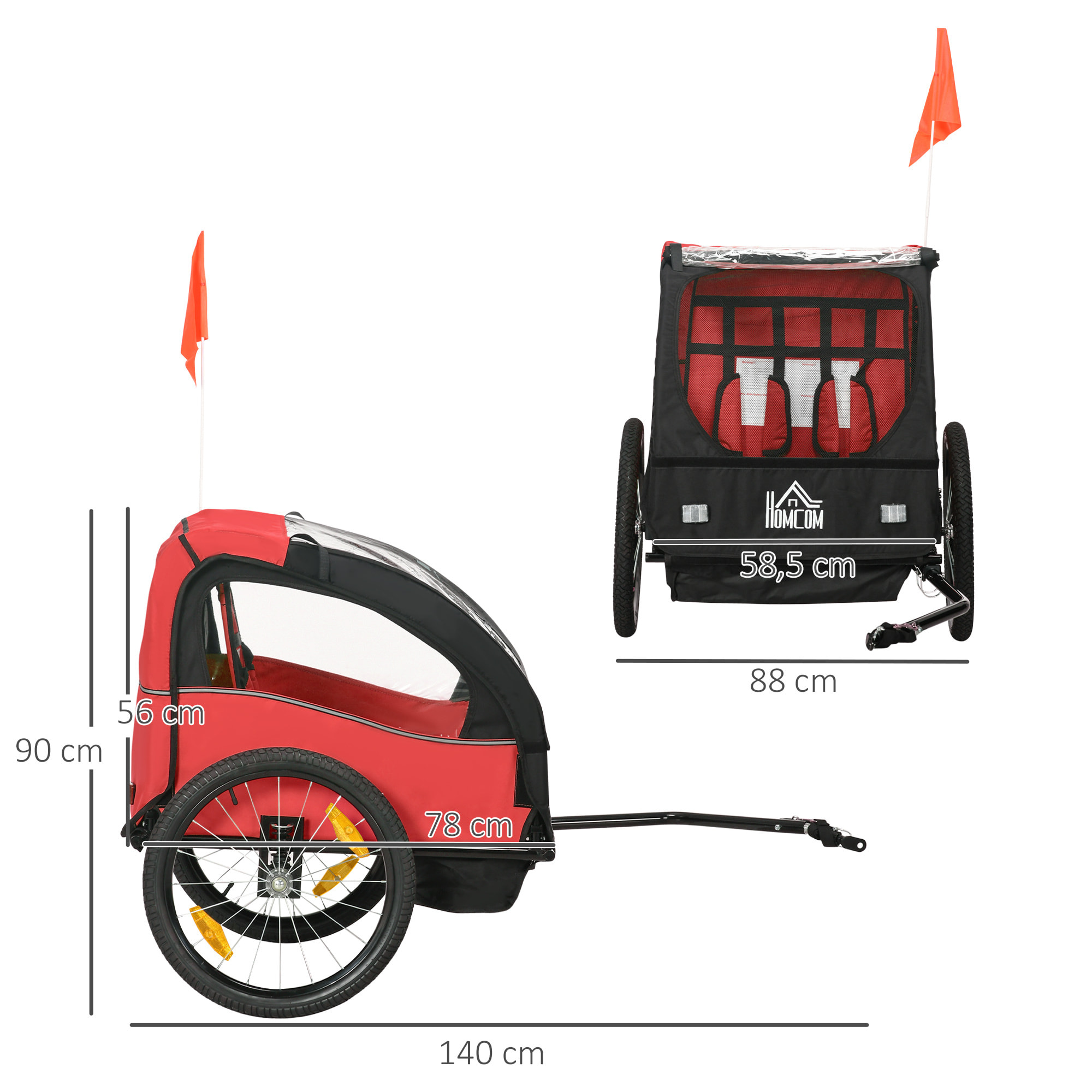 Remolque de Bicicleta para Niños +18 Meses Cochecito para Transporte de 2 Plazas con Cinturón de Seguridad Espacio de Almacenamiento y Sistema de Amortiguador 140x88x90 cm Rojo