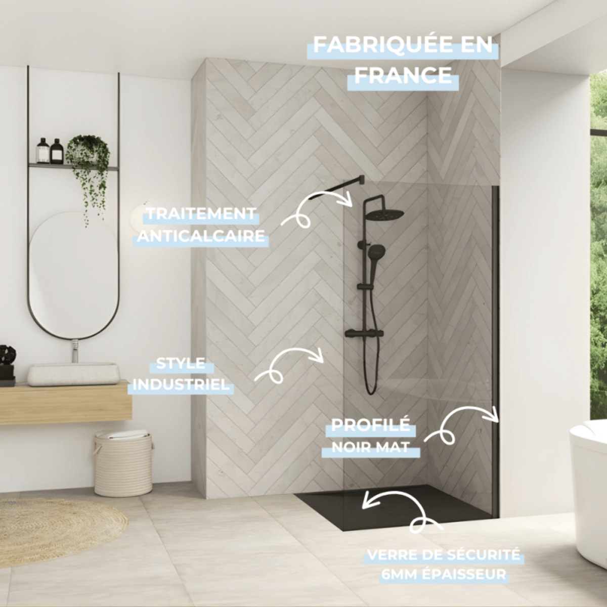 Paroi de douche fixe 130 cm KINEDO Smart Design Solo noir mat