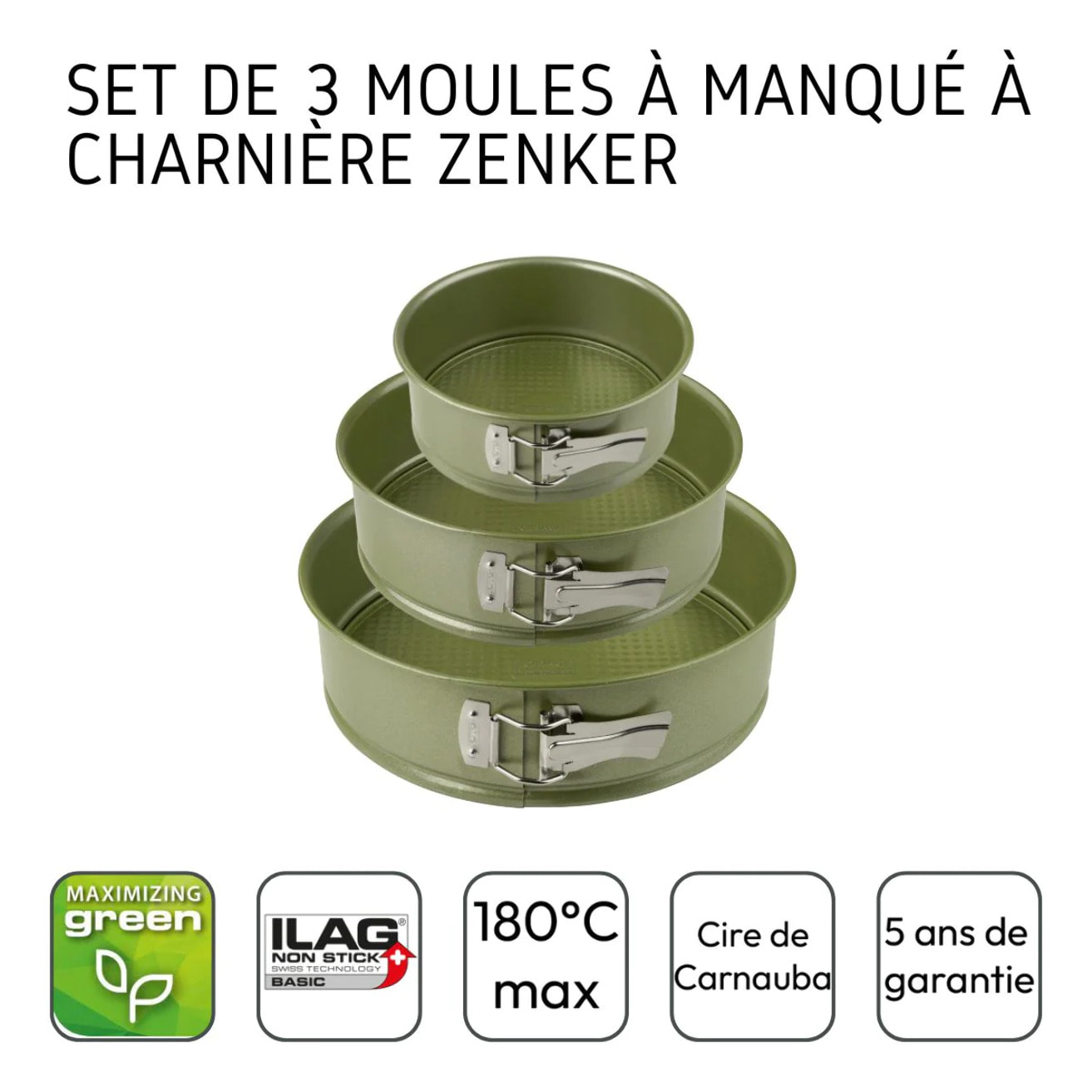 Set de 3 moules à manqué à charnière 20 cm 24 cm et 26 cm Zenker Green Vision