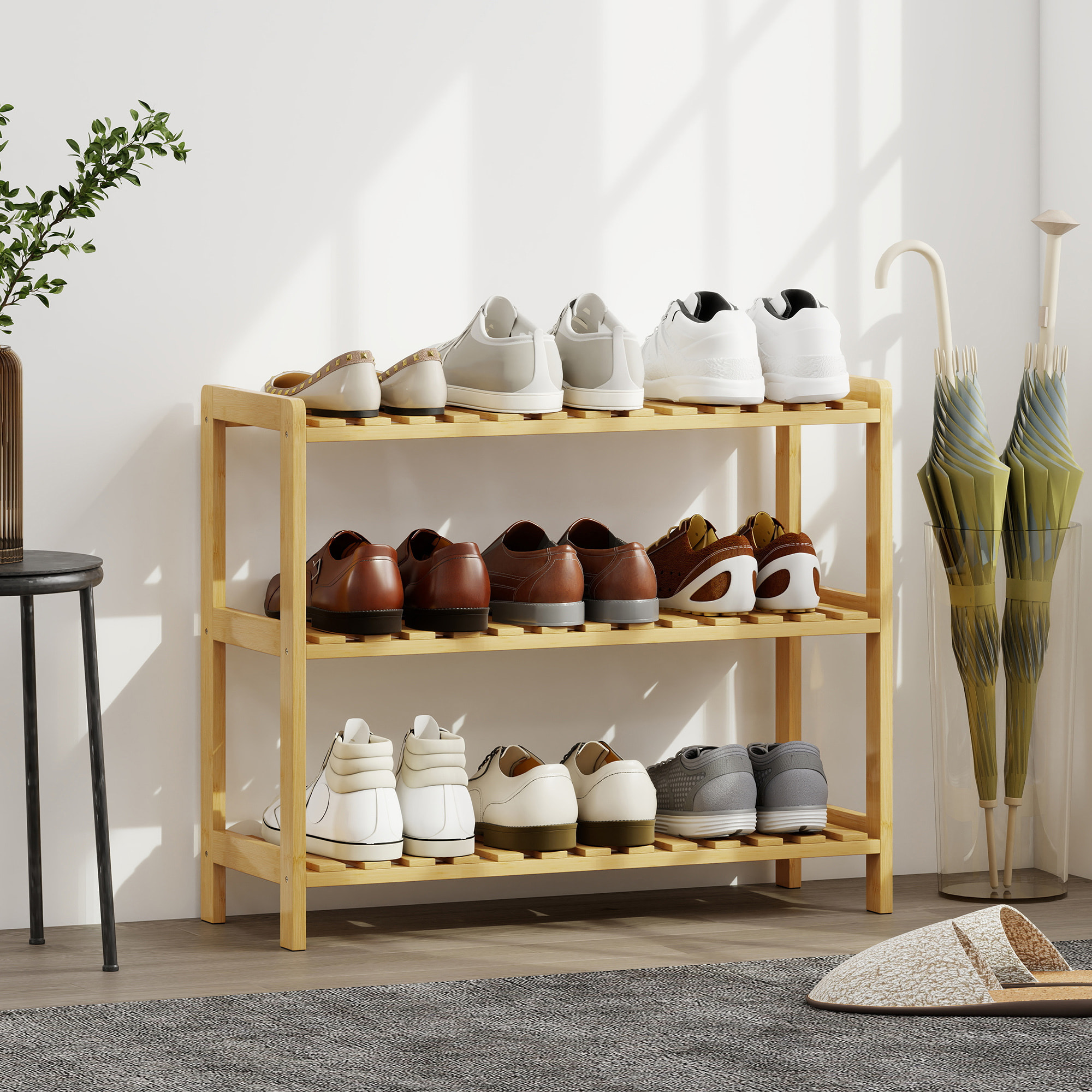 Zapatero de 3 Niveles, Estantería de Zapatos de Bambú, para 9 Pares de Zapatos, para Entrada, Pasillo, Dormitorio, 70x26x57,5 cm, Natural