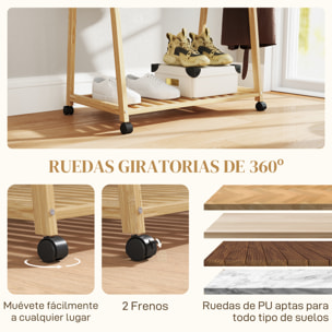 Burro para Ropa de Bambú Perchero Burro para Ropa con Ruedas 2 Estantes Abiertos y 2 Ganchos Perchero para Entrada Pasillo Dormitorio 84,5x43,5x158 cm Natural