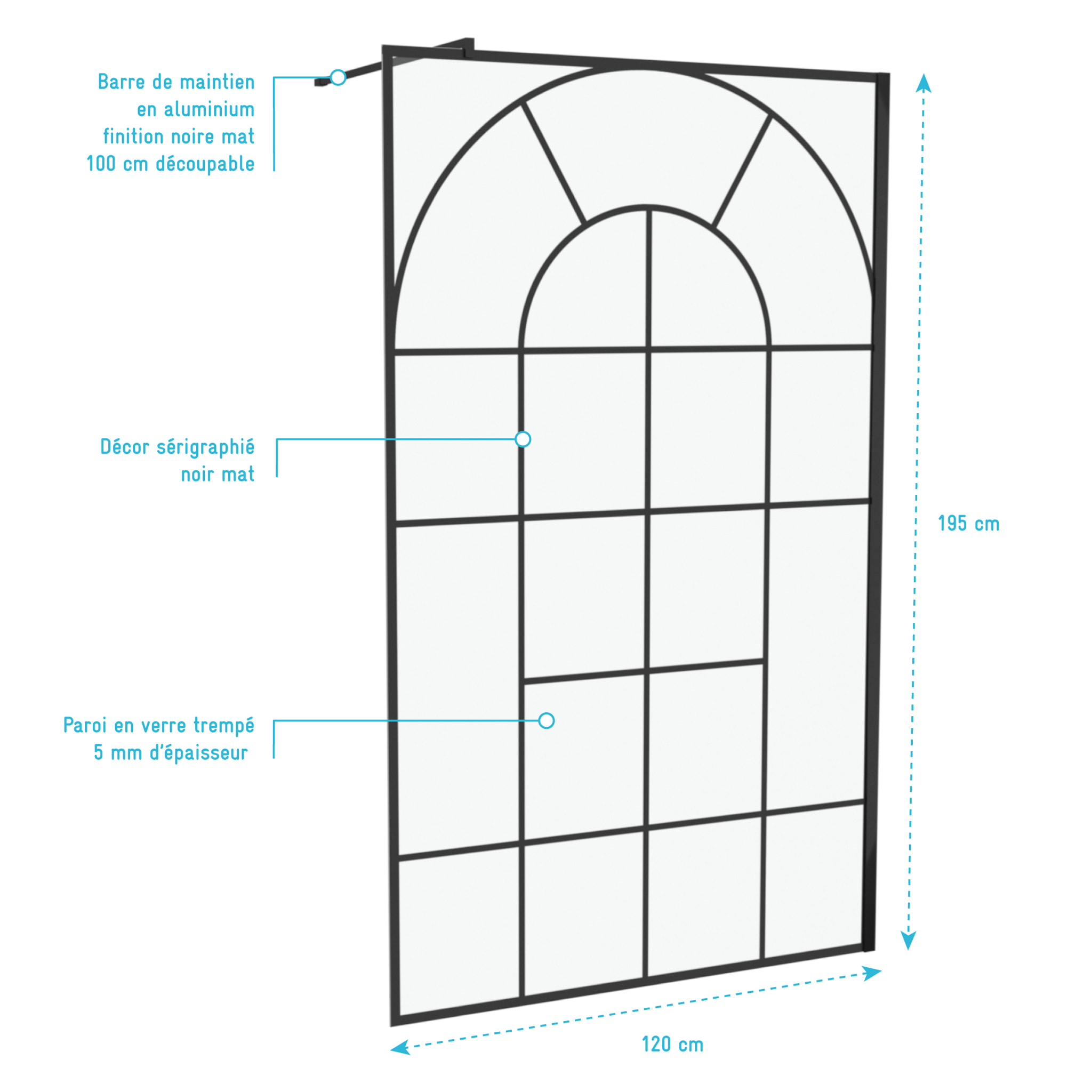 Paroi de douche Déco 120x195cm Verre 5mm Sérigraphié - Barre de fixation Noir Mat