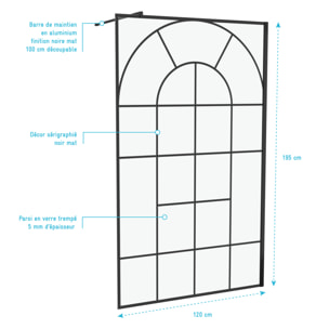 Paroi de douche Déco 120x195cm Verre 5mm Sérigraphié - Barre de fixation Noir Mat