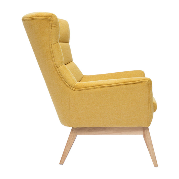 Fauteuil scandinave en tissu effet velours texturé jaune moutarde et bois clair BRODY