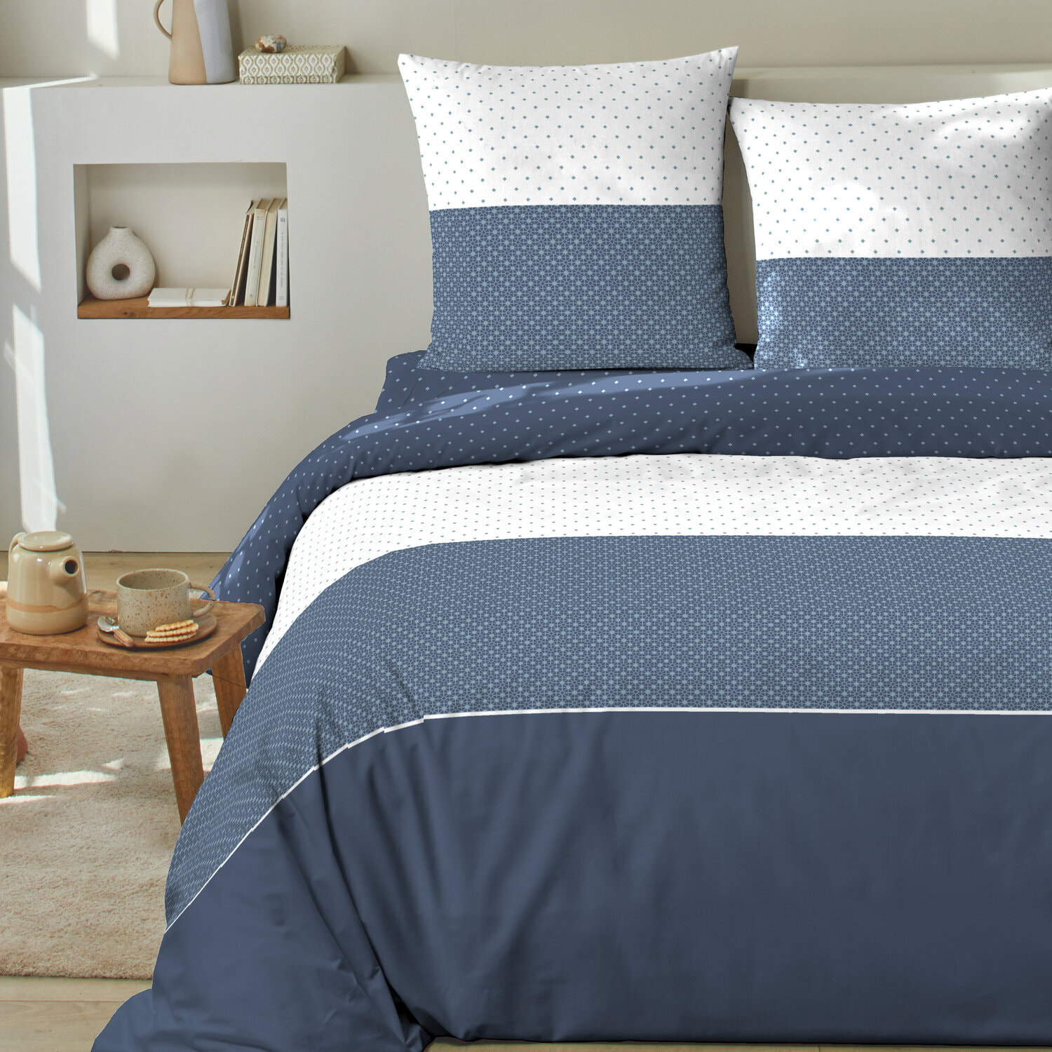 Parure housse de couette imprimé 100% coton - cini - bleu