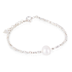 Pulsera plateada con diseño de perla blanca, detalles en plata de ley 925 y cierre de resorte.