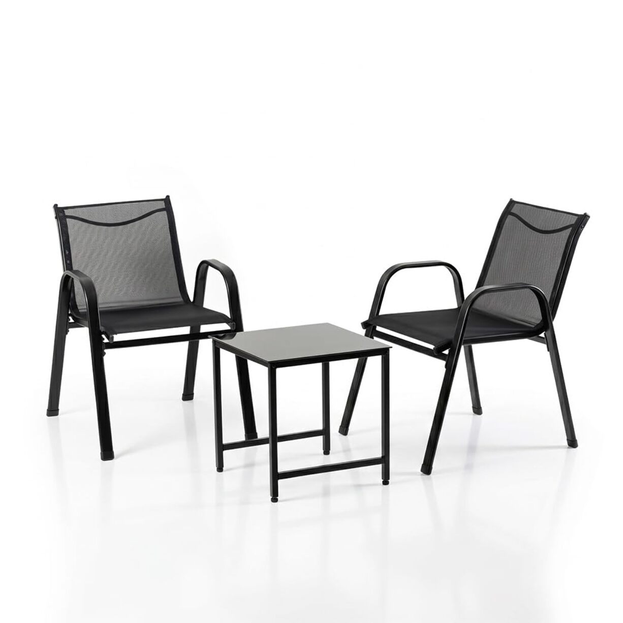 Salotto da giardino in ferro zincato con 2 sedie e tavolino con vetro temperato, set outdoor resistente verniciato a polvere, ideale per balcone terrazzo e giardino, design compatto e moderno, facile da pulire e durevole per esterno