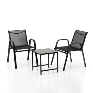 Salotto da giardino in ferro zincato con 2 sedie e tavolino con vetro temperato, set outdoor resistente verniciato a polvere, ideale per balcone terrazzo e giardino, design compatto e moderno, facile da pulire e durevole per esterno