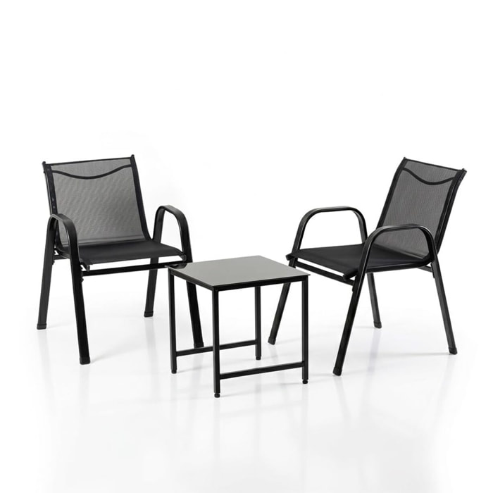 Salotto da giardino in ferro zincato con 2 sedie e tavolino con vetro temperato, set outdoor resistente verniciato a polvere, ideale per balcone terrazzo e giardino, design compatto e moderno, facile da pulire e durevole per esterno