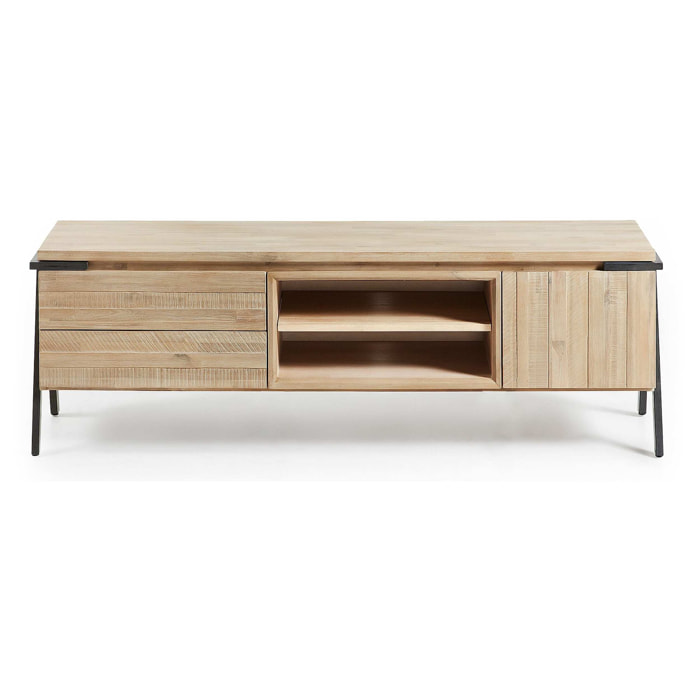 Mueble TV Thinh 1 puerta y 2 cajones madera maciza acacia y acero acabado negro 165x53 cm