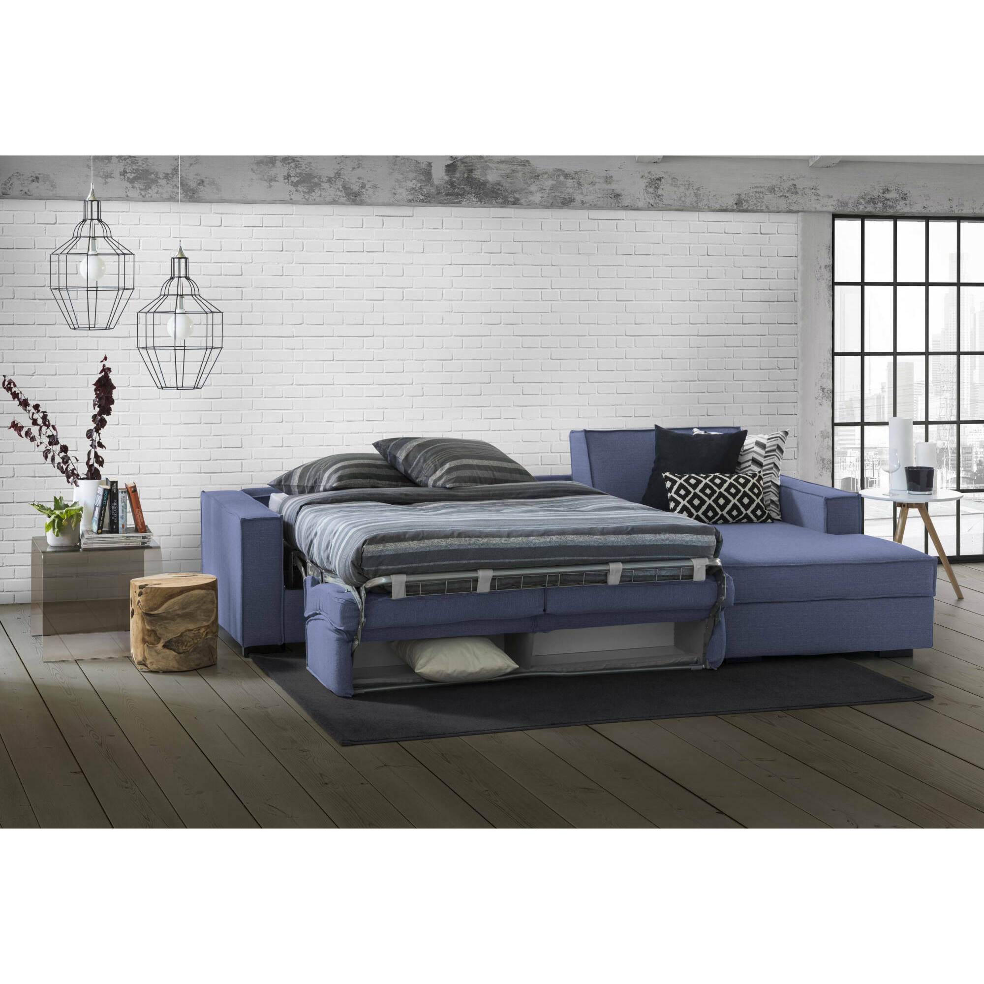 Divano Letto Adela, Divano ad angolo, 100% Made in Italy, Sofà con apertura girevole, Penisola contenitore Destra, con Braccioli standard, Cm 280x95h90, Blu