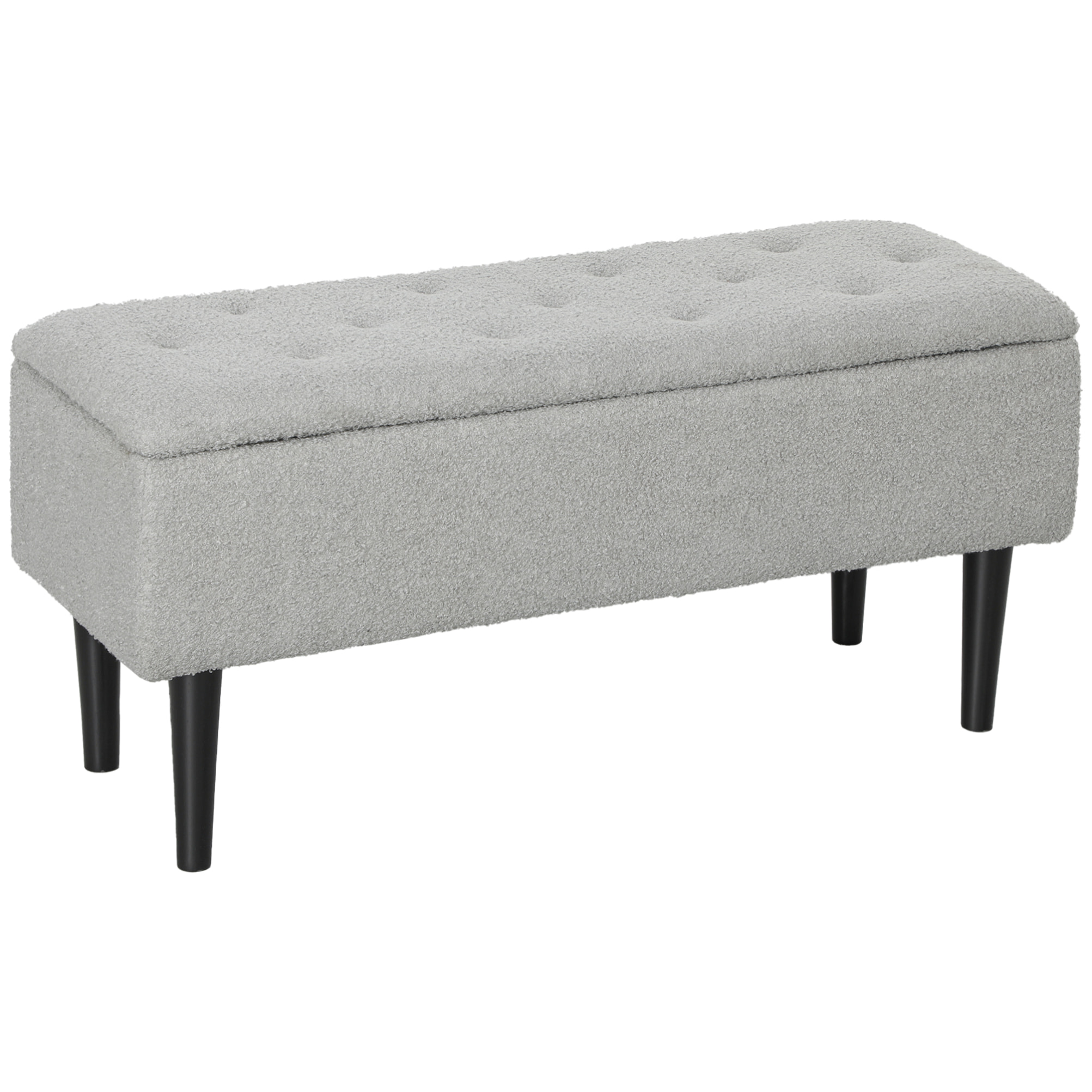 Puff Almacenaje, Banco Almacenaje Plegable, Capacidad de 47 L, 95x38x45 cm, Tapizado en Borreguito, Pie de Cama con Tapa Abatible y Patas de Madera, para Salón, Dormitorio, Entrada, Gris