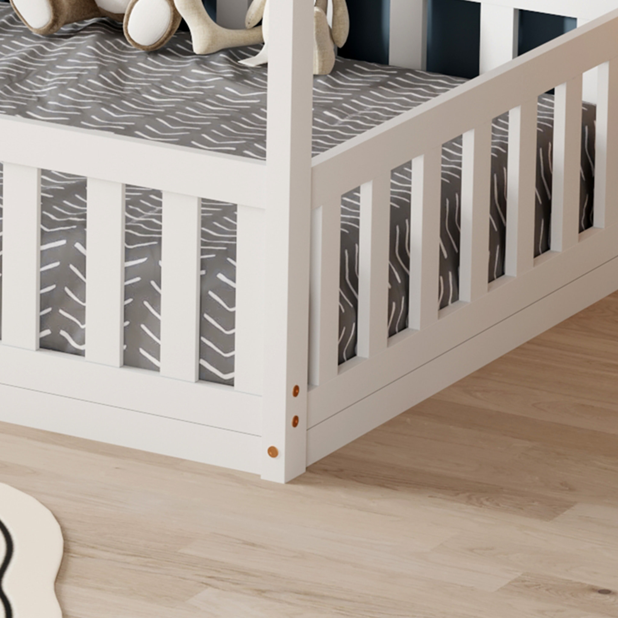 Lit Cabane Nid enchanté 90 x 190 cm, Blanc, Bois de Pin naturel, Barrières latérales de sécurité, Favorise l'imagination