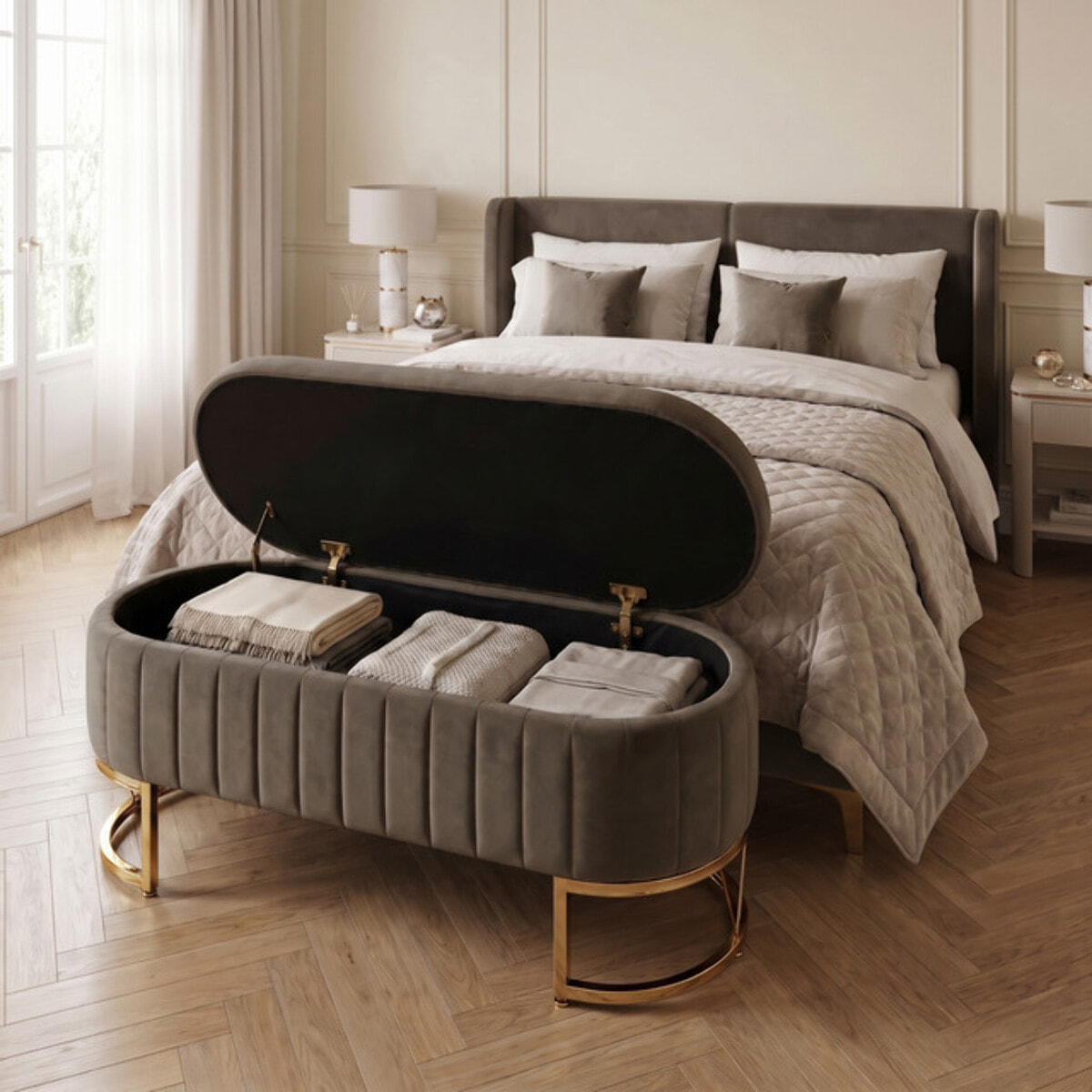 Panca Contenitore Ovale in Effetto Velluto con Ampio Vano Contenitore, Seduta Imbottita e Gambe in Acciaio, Design Elegante per Camera da Letto, Ingresso e Soggiorno