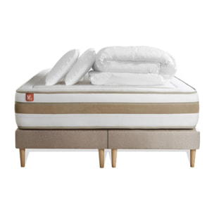Pack Matelas Le Raffiné - 26cm - Ressorts ensachés et mémoire de forme - Confort haut de gamme, impact réduit. - Sommier Tapissier Beige - Avec couette et oreillers