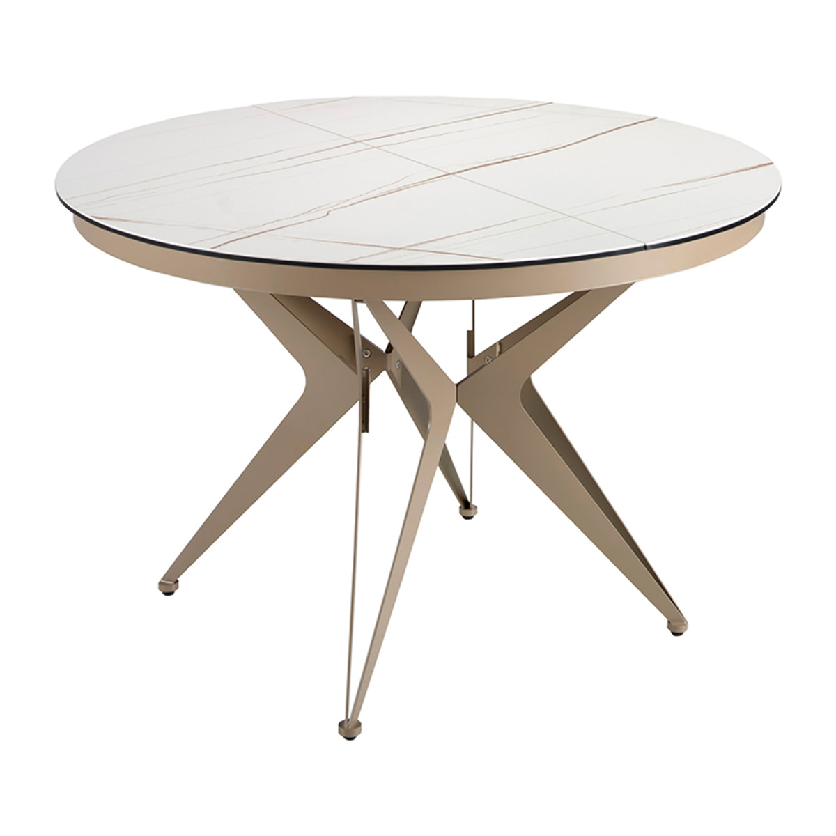 Mesa comedor extensible redonda con tapa de mármol porcelánico blanco con vetas marrones en acabado mate 120x120x77cm
