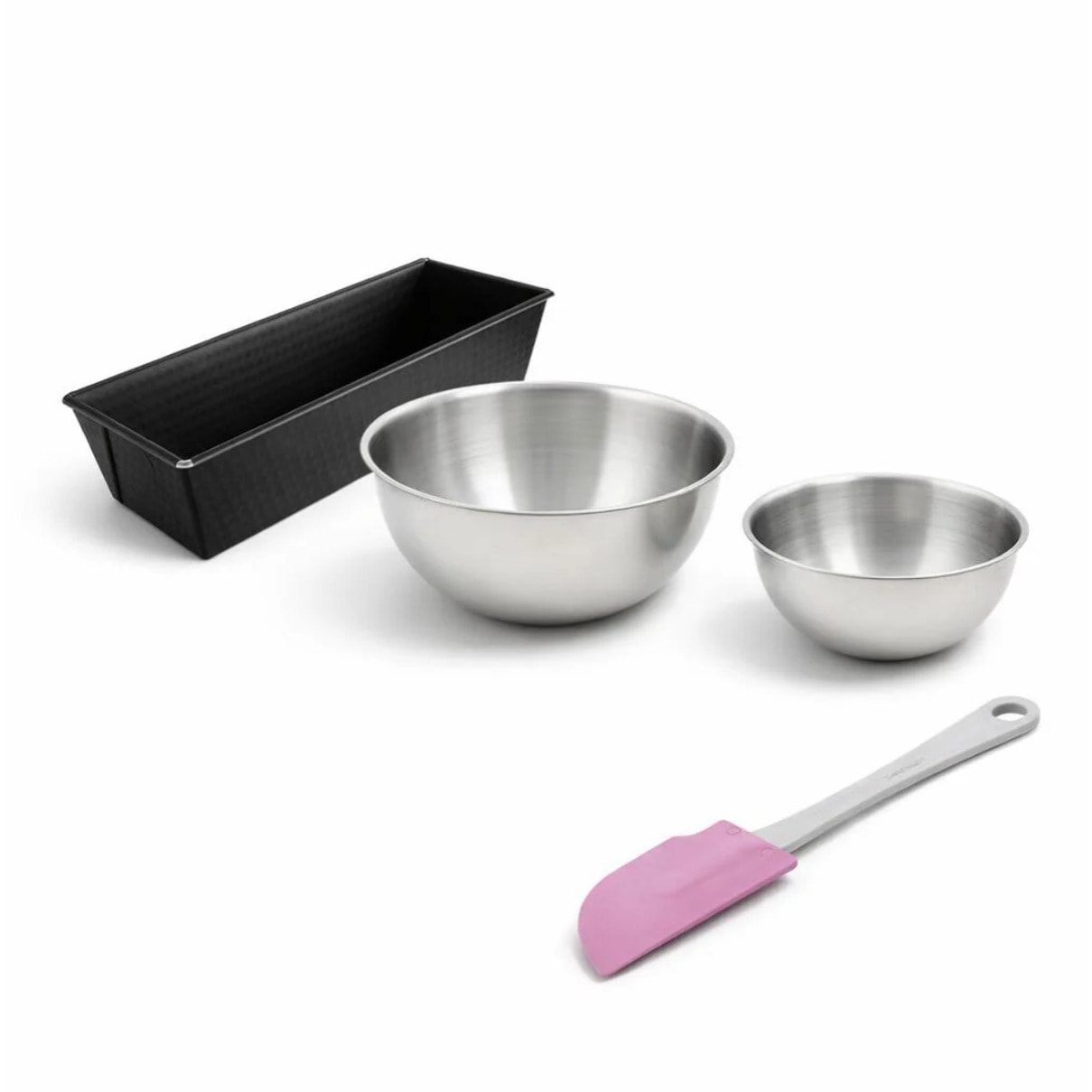 Ensemble avec 1 Moule à Cake 25,5cm, 1 spatule Zenker et 2 bols à mixer en inox Fackelmann