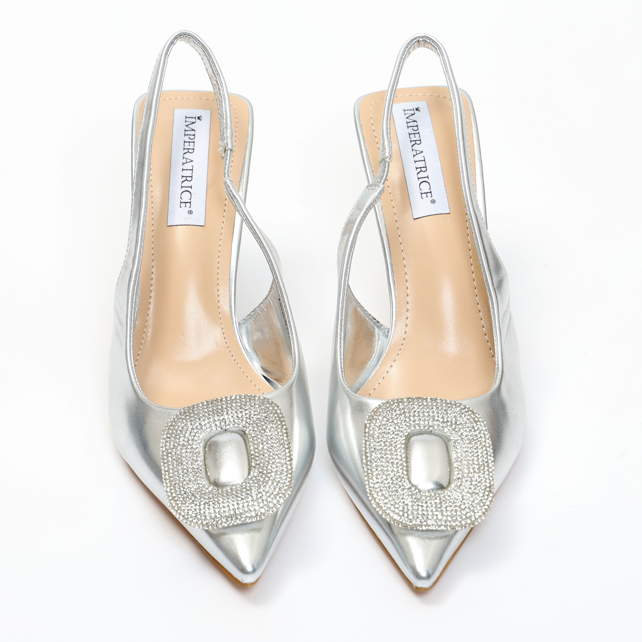Dècolletè slingback in simil pelle con dettaglio strass sulla punta
