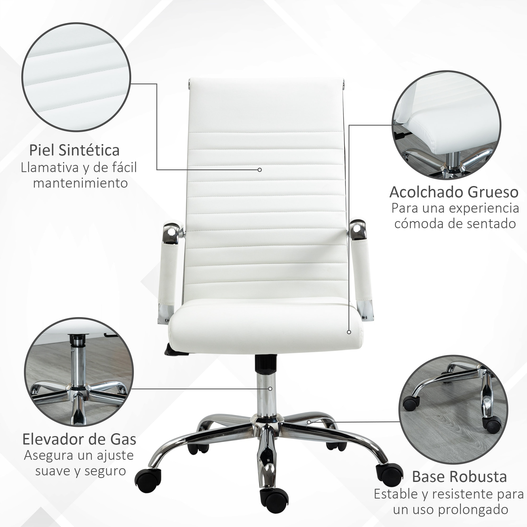 Silla de Oficina Silla de Escritorio Giratoria 360° Basculante con Altura Ajustable y Reposabrazos Tapizado en Piel Sintética 54x62x104-114 cm Blanco