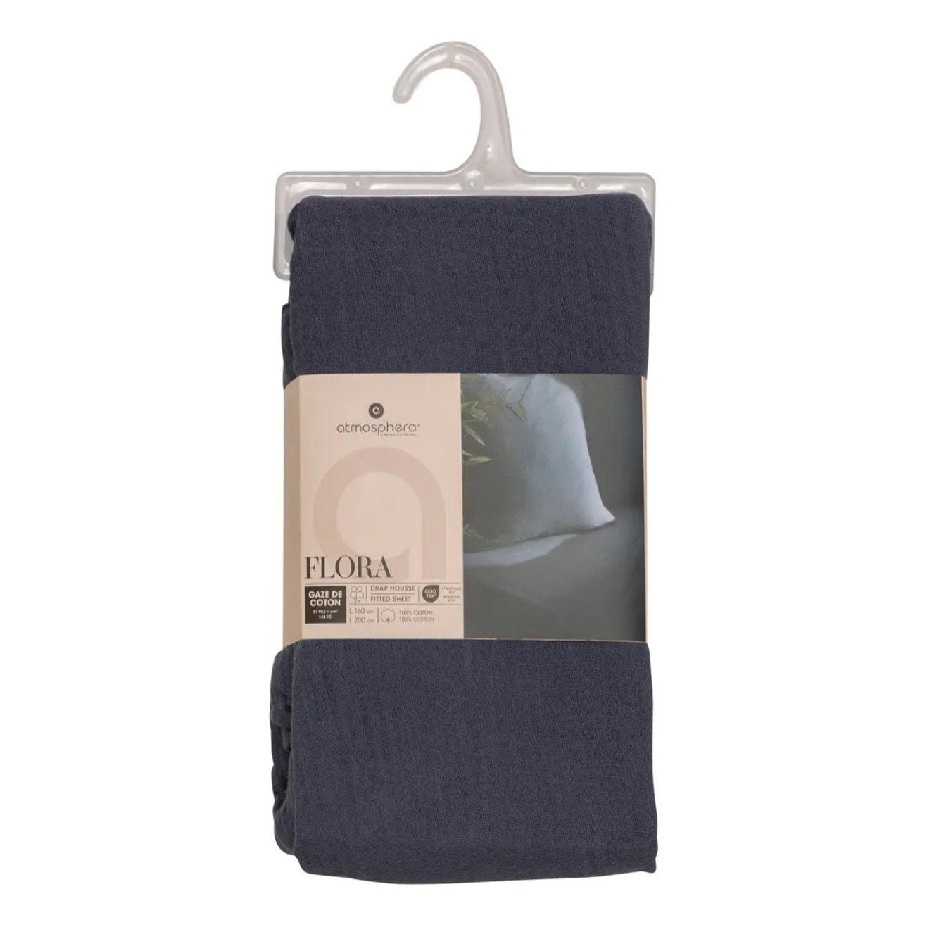 Drap housse "Flora" gaze de coton bleu 160x200cm
