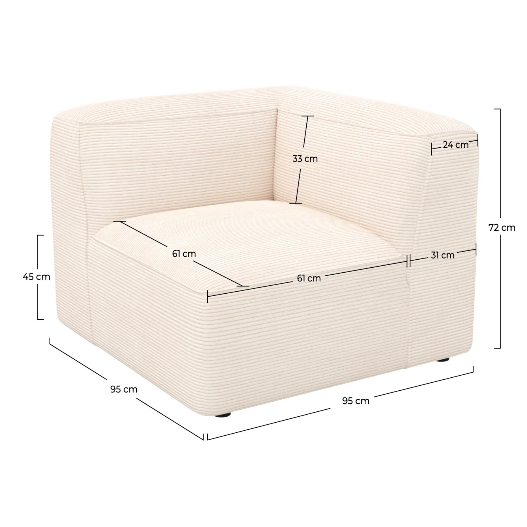 Angle droit pour canapé modulable en velours blanc cassé - Mina