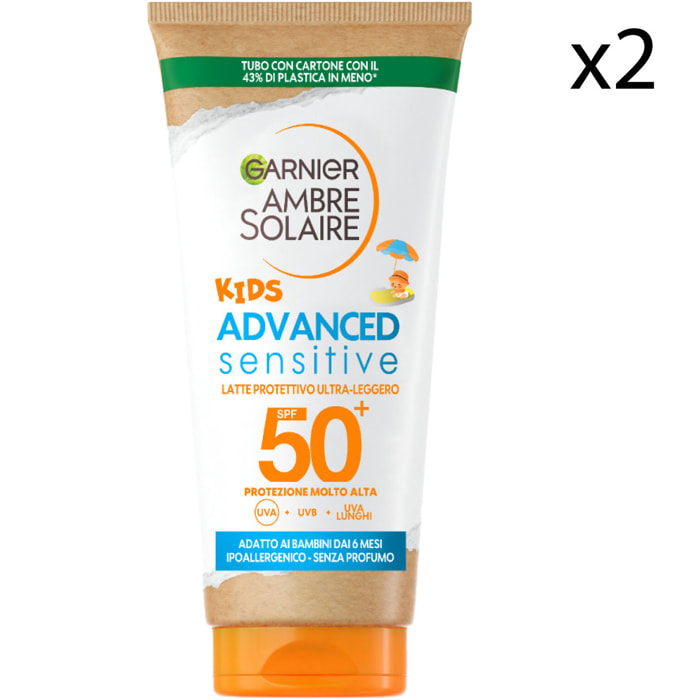 2x Latte Solare Protettivo SPF 50+ per Bambini Ambre Solaire Kids Advanced Sensitive Ipoallergenico con Protezione Molto Alta - 2 Flaconi da 50ml