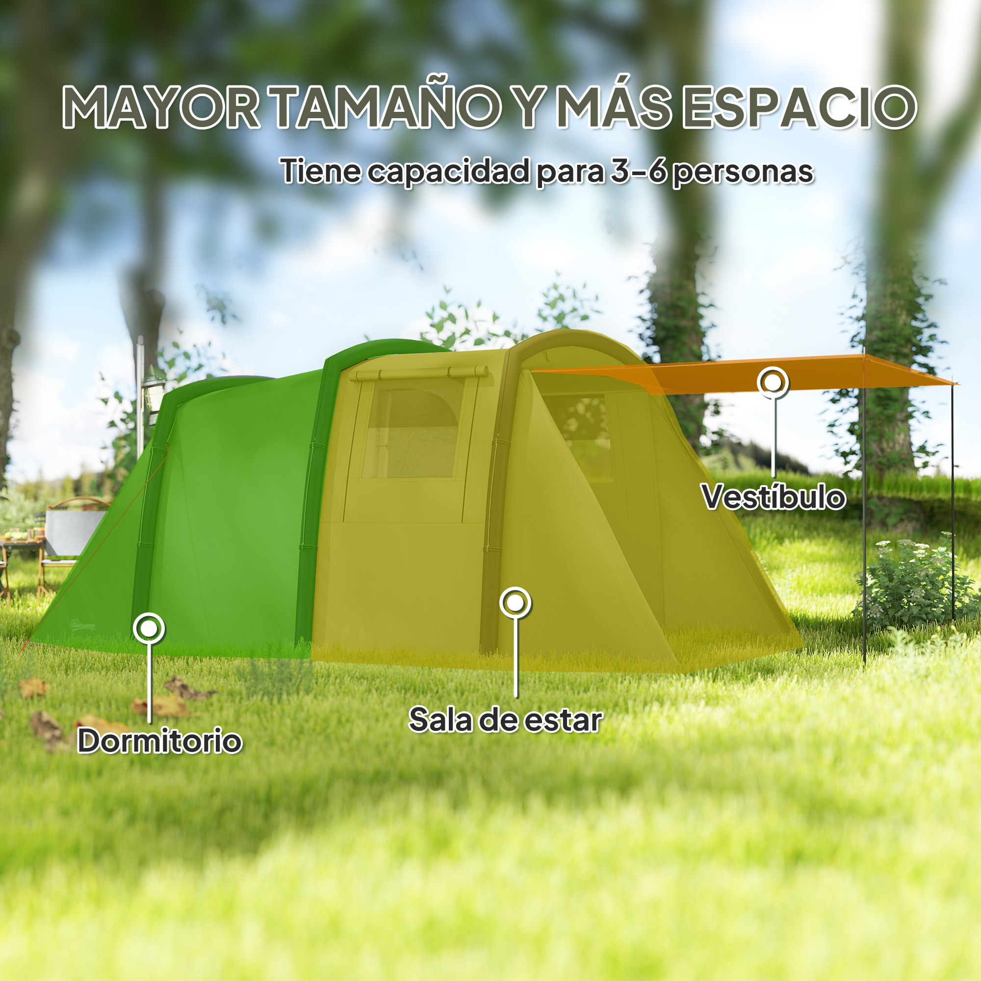 Tienda de Campaña Inflable Familiar Tipo Túnel para 3–6 Personas Tienda de Campaña Glamping con Vestíbulo Ventanas de Malla y Bolsa de Transporte Protección UV 50+ Impermeable Verde Oliva