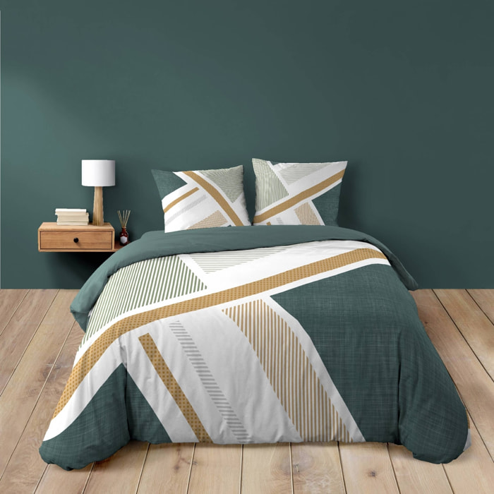Parure de lit coton motif graphique double face imprimée - Vert
