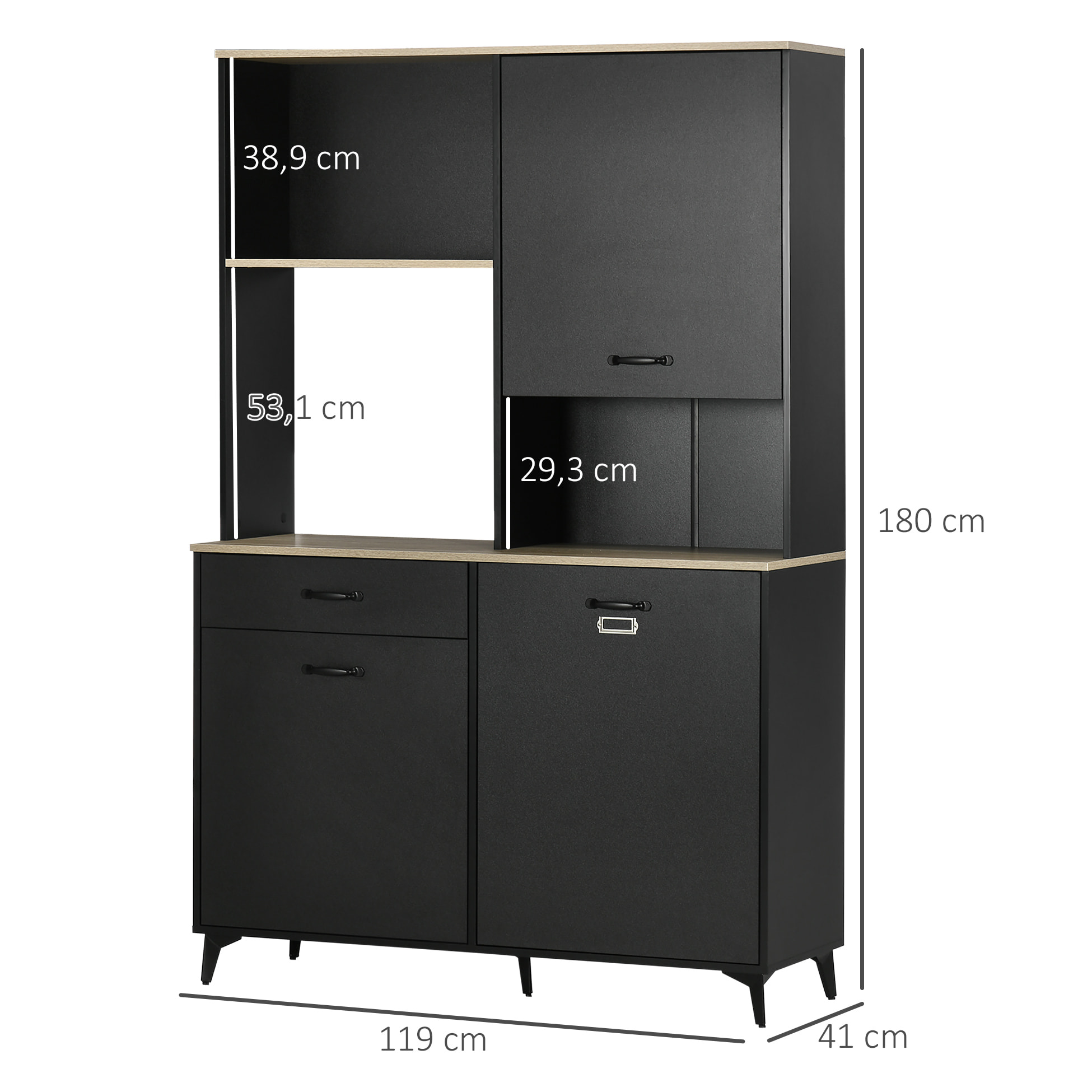 Buffet haut design industriel multi-rangement - 3 portes avec étagère, tiroir, niche, grand plateau - piètement métal noir aspect chêne clair