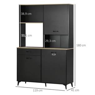 Buffet haut design industriel multi-rangement - 3 portes avec étagère, tiroir, niche, grand plateau - piètement métal noir aspect chêne clair