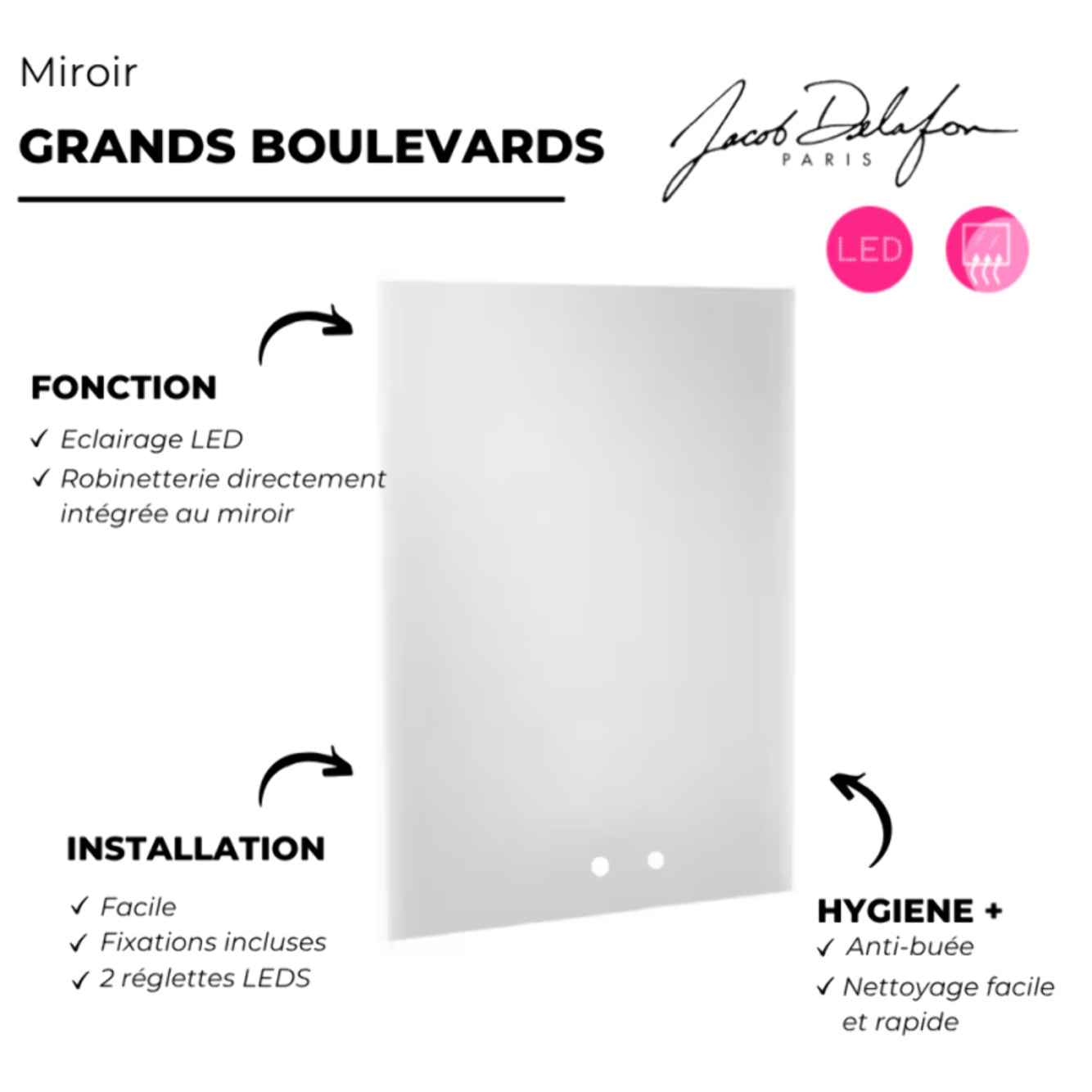 Miroir LED 2 trous 80 cm + mitigeur lavabo encastré Grands Boulevards Chromé + corps encastré