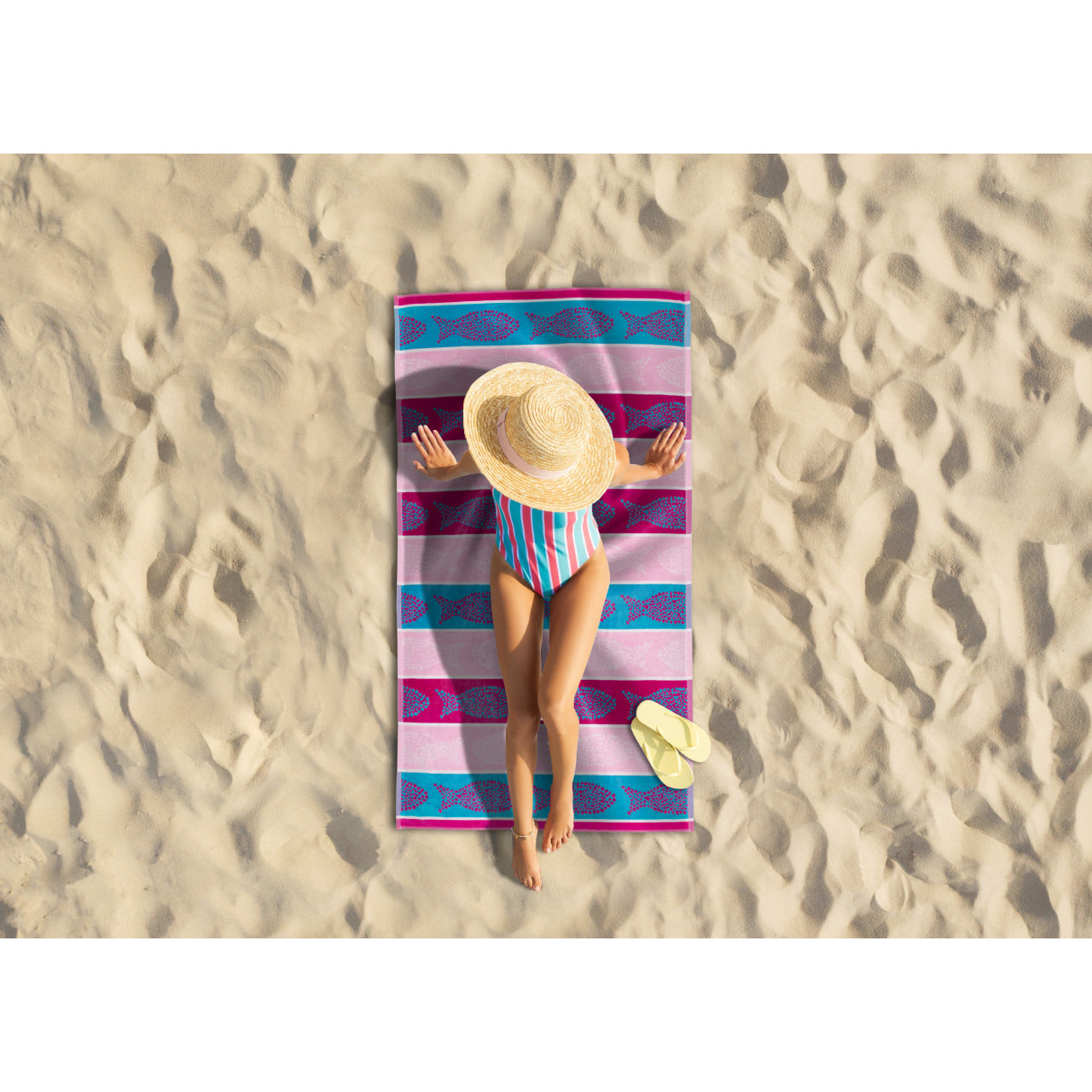 Telo Mare Spugna Jacquard Spiaggia Disegno Fish Pois