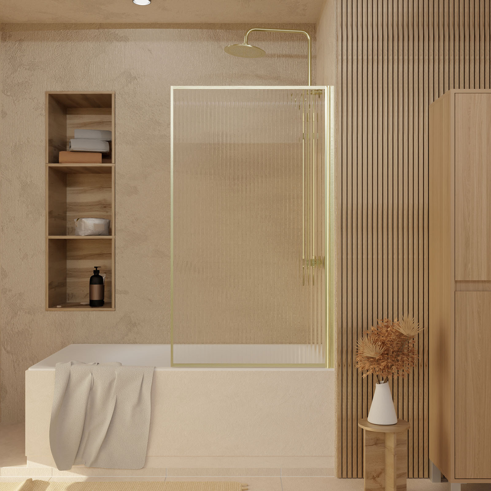 Pare baignoire Rabattable 80x140cm - Profilé Or Doré Brossé - Verre Trempé Ondulé 5mm