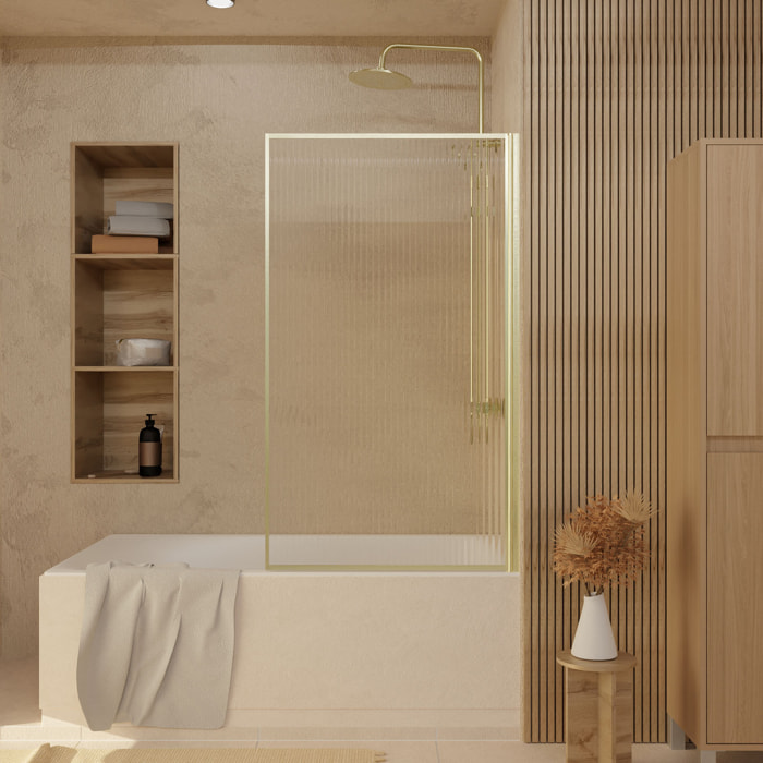 Pare baignoire Rabattable 80x140cm - Profilé Or Doré Brossé - Verre Trempé Ondulé 5mm