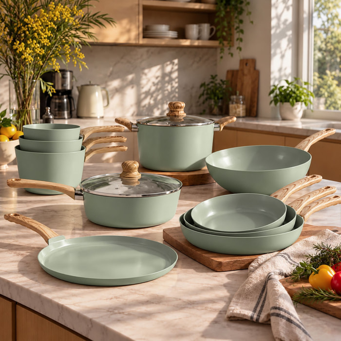 Batterie de cuisine 13 pièces en aluminium recyclé celadon - tout feux COLORAMA