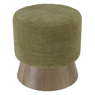AGATHE - Pouf rond en tissu vert et pied bois D41cm