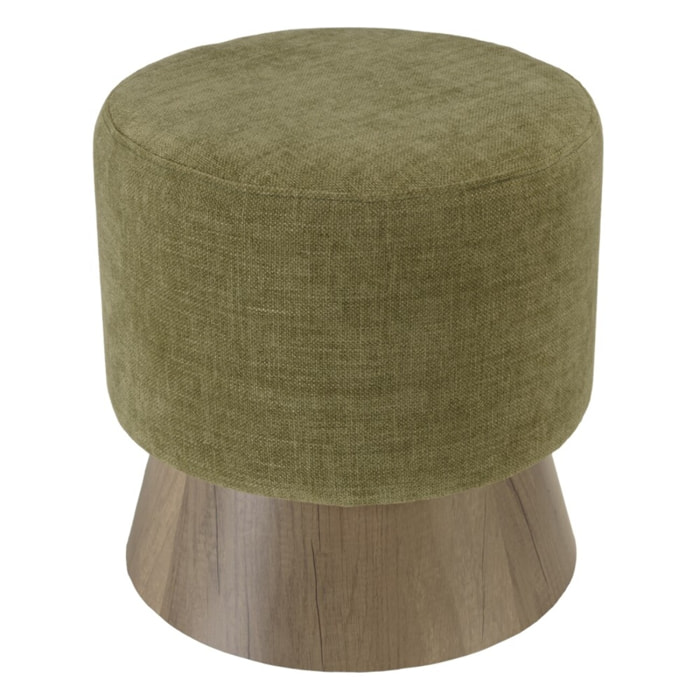 AGATHE - Pouf rond en tissu vert et pied bois D41cm